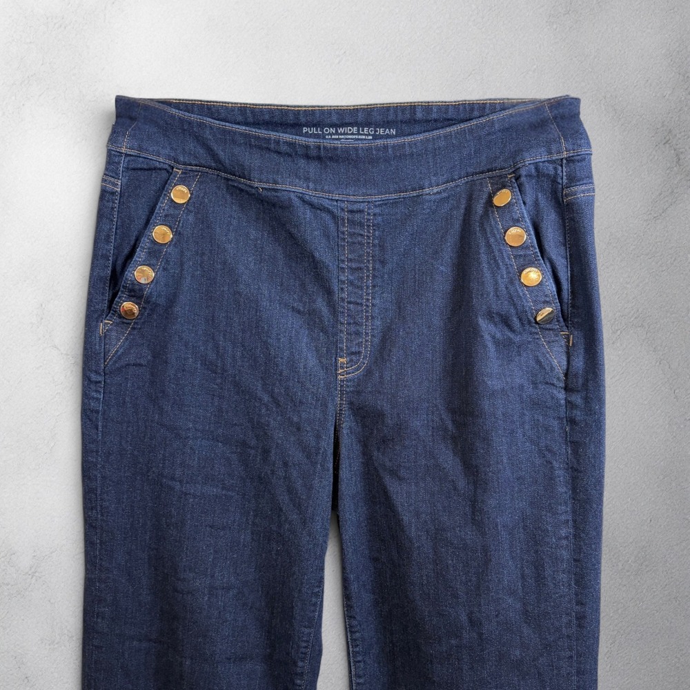 Chico's Dark Indigo Flare Wide Leg Jeans with Button Detail - Picture 8 of 12